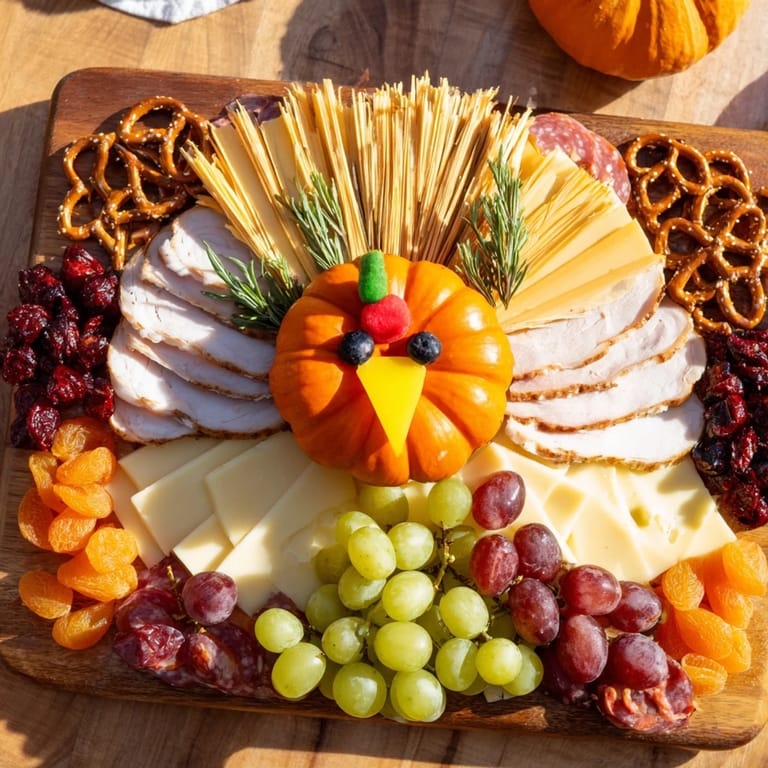 A beautiful overhead shot of a festive Wheat Field Thanksgiving Turkey Board with gourmet treats.
