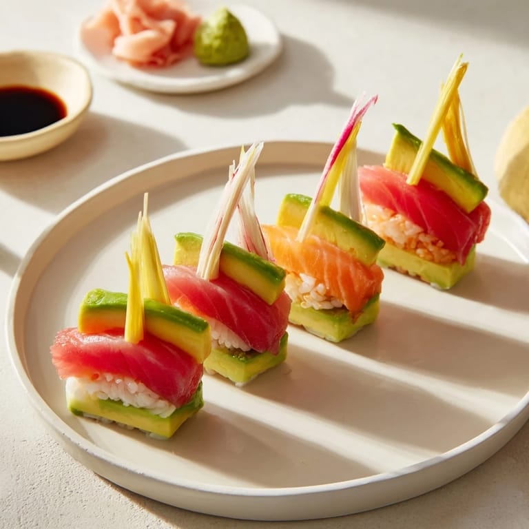 Freshly assembled sushi sailboats, showcasing glistening tuna, salmon, and colorful vegetable sails for a party appetizer.