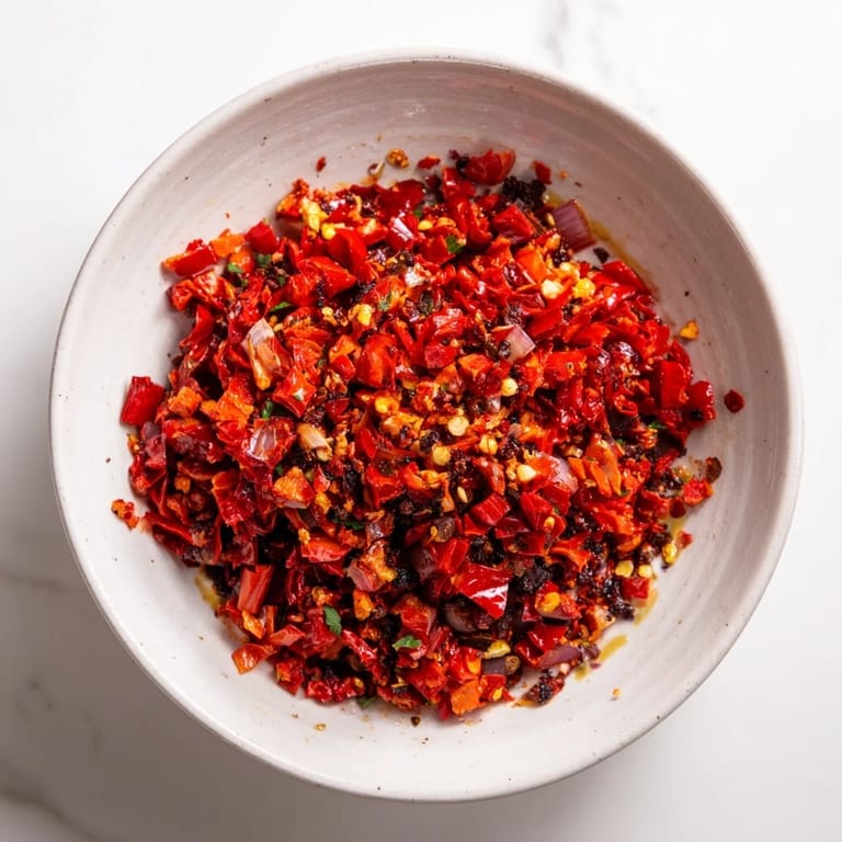 The fiery red of the homemade Volcanic Lava Spicy Dip, a perfect appetizer for sharing.