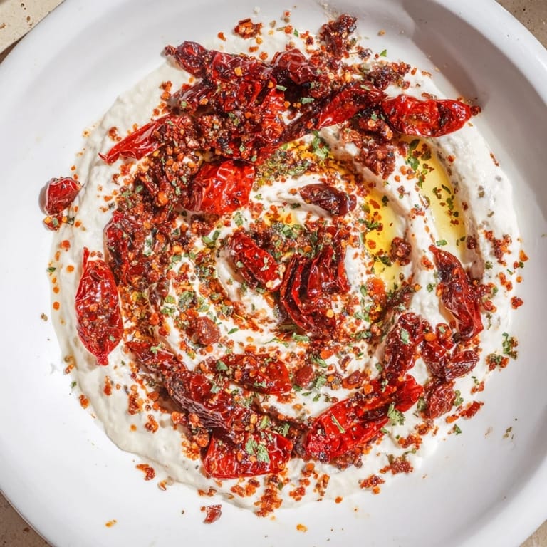 Spicy red Volcanic Lava Dip, boasting smooth texture and served with crunchy pita chips.