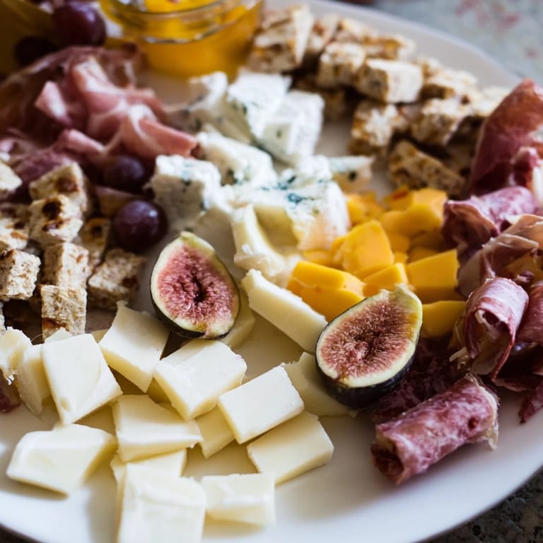 Wine & Food Pairing Platter delights with a vibrant display of fresh fruits, artisan cheeses and wine recommendations.