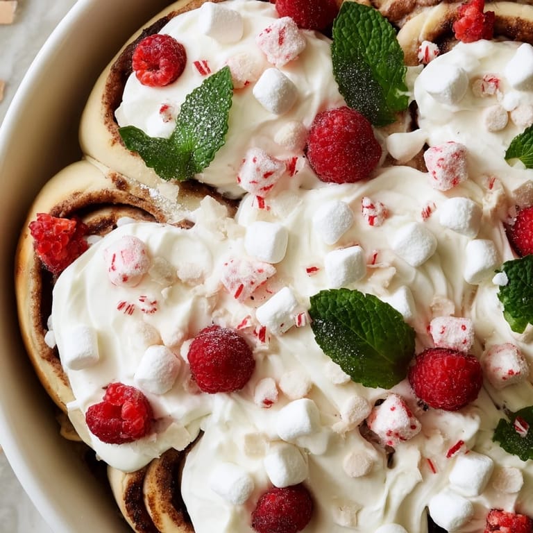 A festive breakfast scene with warm, glazed North Pole Cinnamon Rolls arranged on a charming holiday board.