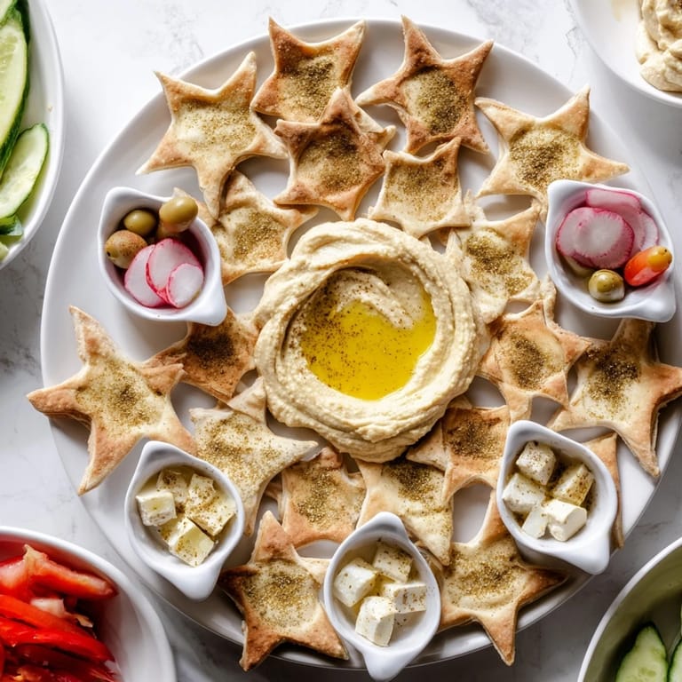 Freshly baked pita stars and colorful garnishes make this Three Kings Star Pita Board perfect for sharing this holiday season.
