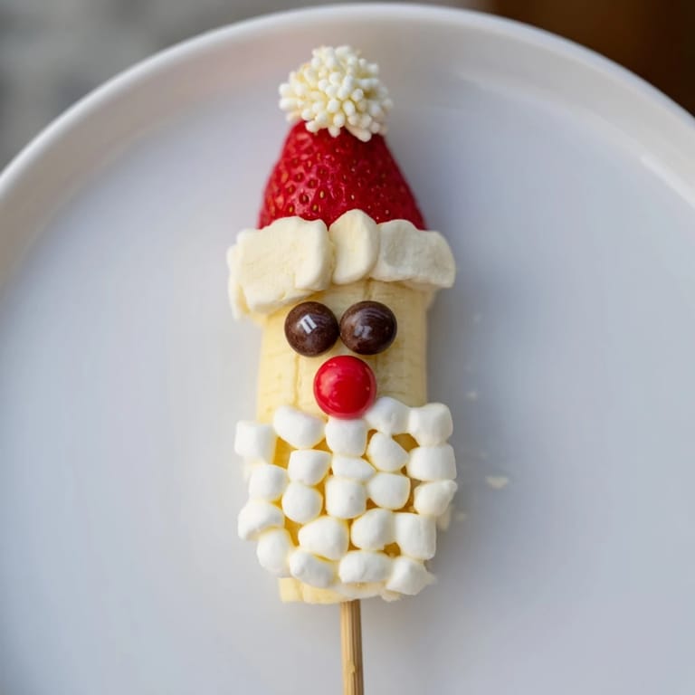 Fun and healthy Banana Santa Snack Sticks: sweet bananas, berries, and marshmallows arranged for festive snacking.