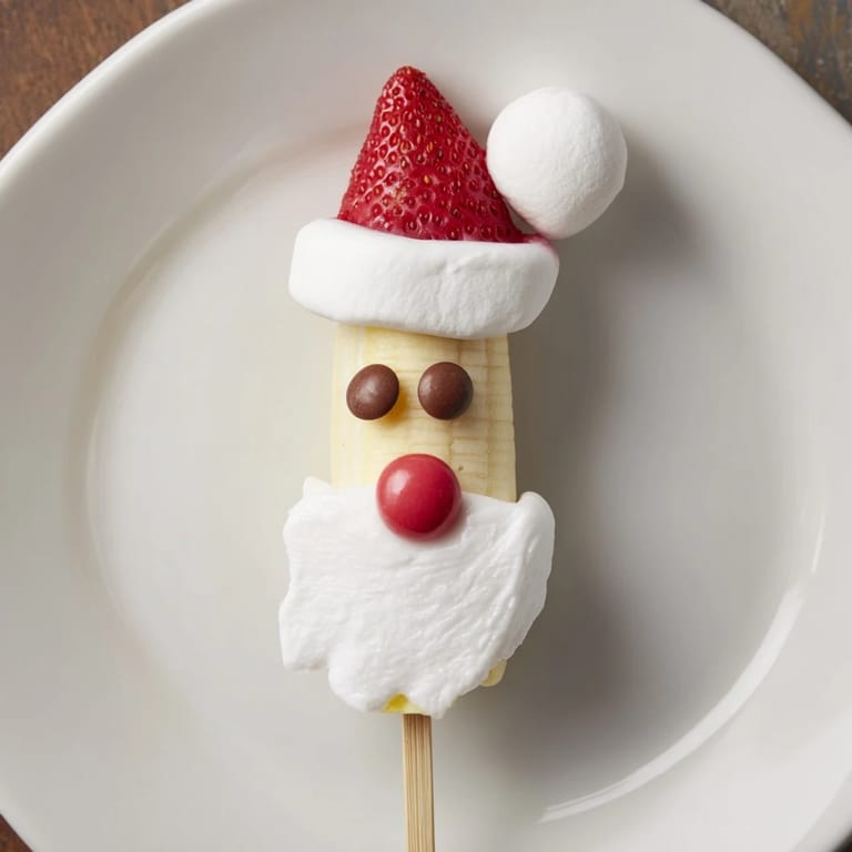Get ready for these cheerful Banana Santa Snack Sticks—banana faces, marshmallow beards, and strawberry Santa hats.