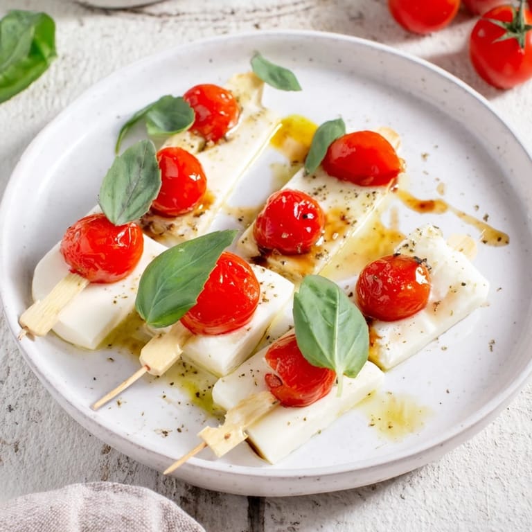 These star-shaped Caprese Skewers showcase fresh basil, making for a festive and flavorful Italian starter.