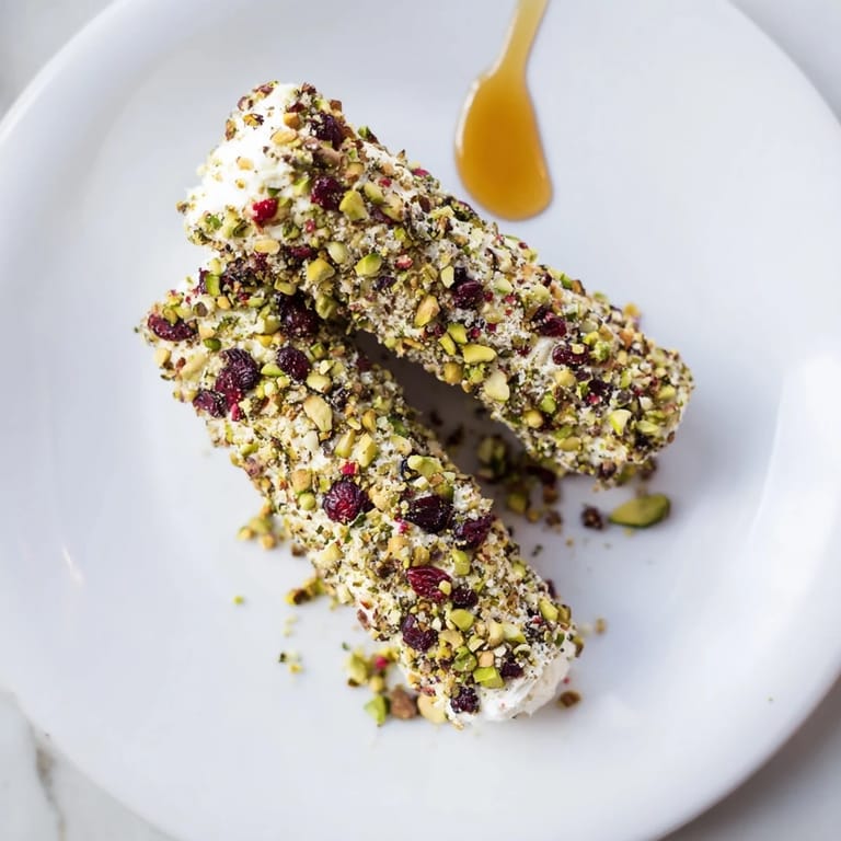 A close-up of festive Cranberry Goat Cheese Logs, creamy cheese coated in bright, sweet cranberries.
