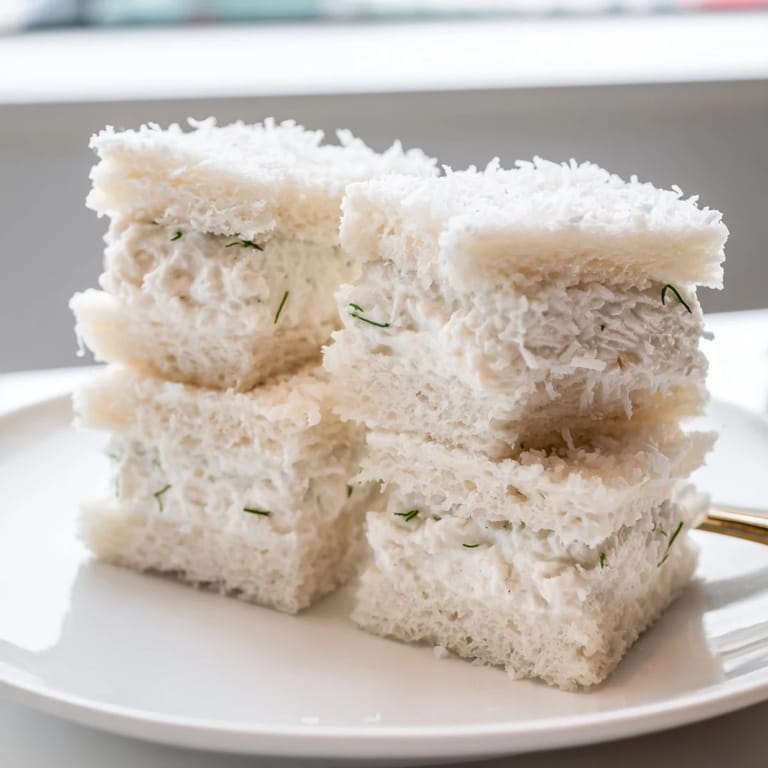 Freshly made Snowball Tea Sandwich Bites offer a delightful, snowy texture and savory flavor.