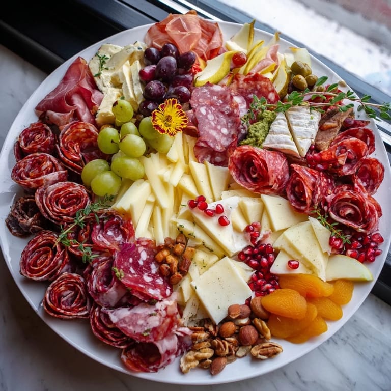 Elegant holiday charcuterie creation showing beautiful meat rose bouquet with grapes and olives, ready to serve.