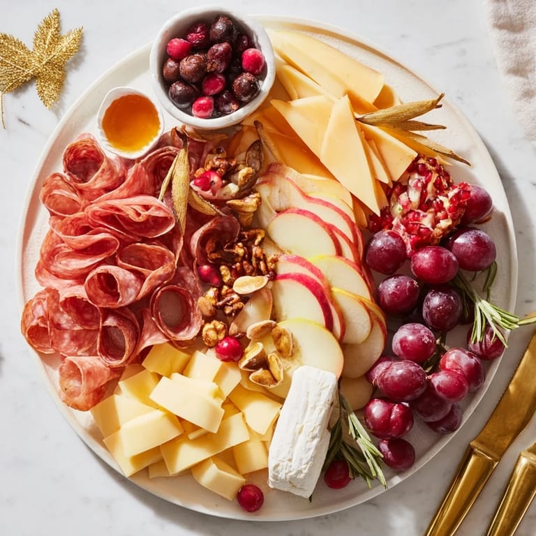 This enticing image showcases a beautifully arranged Twelve Days of Christmas Snack Board with savory and sweet delights.
