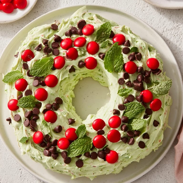 Delicious homemade Mint Chocolate Chip Dip Wreath, ready to be served with sweet dippers on holiday.
