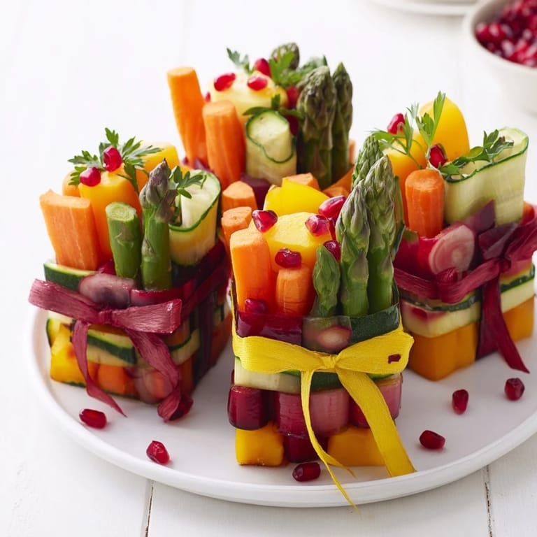 Vibrant Christmas Present Veggie Crates, perfectly roasted vegetables tied with chives like colorful gift boxes.