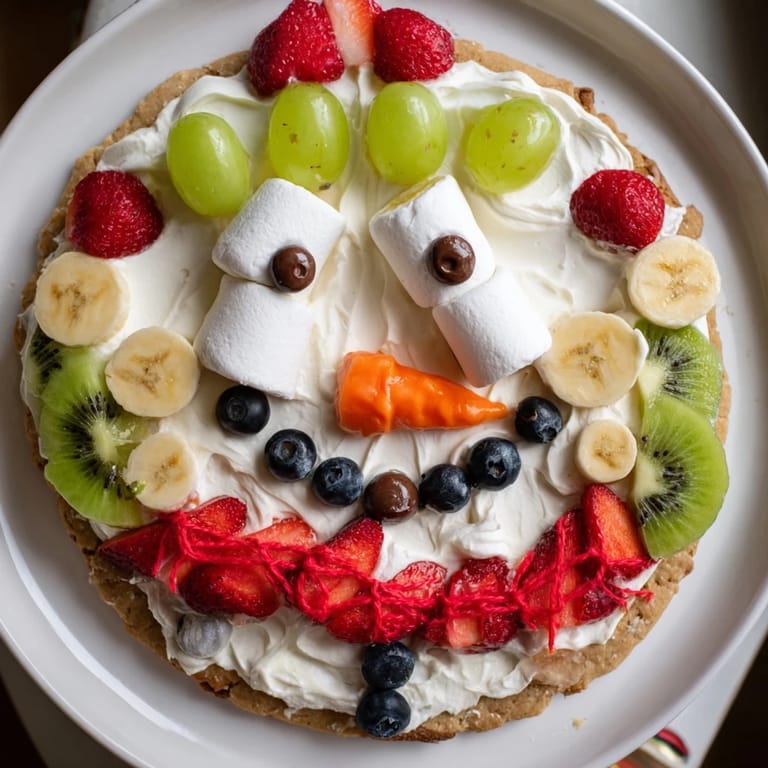Imagine the sweet taste of a vibrant Melting Snowman Fruit Pizza, complete with marshmallow snowmen on a cookie base!