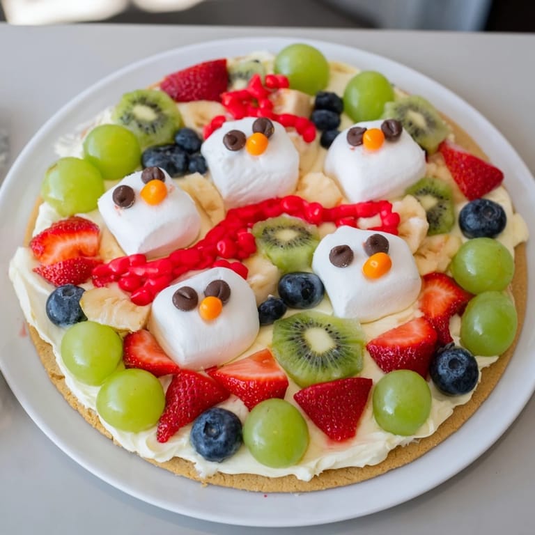 This cheerful Melting Snowman Fruit Pizza features creamy frosting and fresh fruit arranged creatively on a sugar cookie.