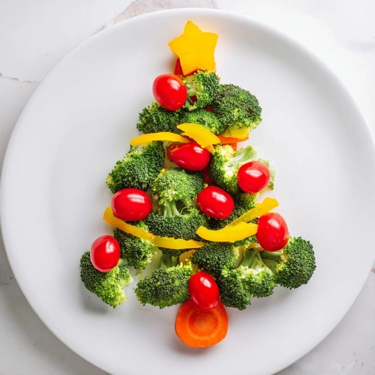 A healthy Broccoli Tree appetizer with bright red cherry tomato ornaments, ready in minutes for any occasion.