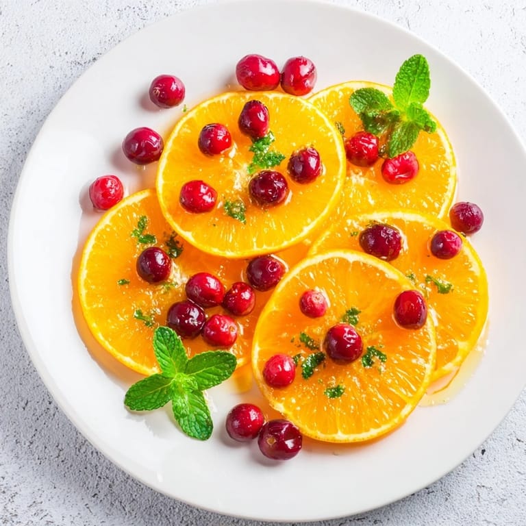 A close-up of Winter Fruit salad: juicy orange halves, cranberries, and fresh mint on the platter.