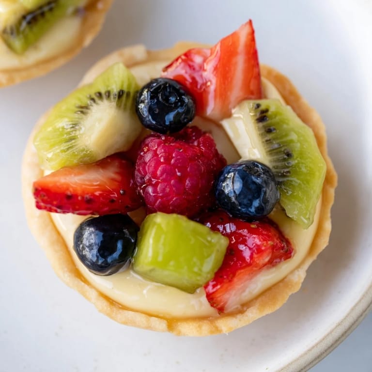 Perfectly baked mini fruit tartlets, a delightful circle of fruit and cream, a beautiful French dessert.