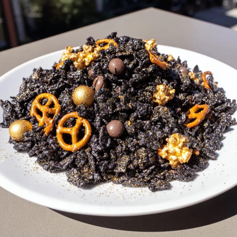 Homemade Gold and Black Midnight Snack Mix with a glistening, crunchy, sweet-and-savory texture.