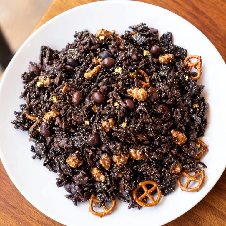 Festive bowl of Gold and Black Midnight Snack Mix, ready to serve for a delicious crunchy snack.