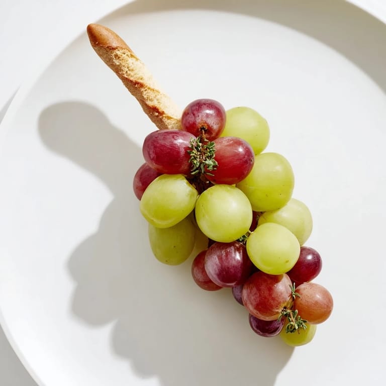 Rustic bread "stem" supporting lush Vineyard Grape Cluster, a delicious and easy party appetizer to impress.