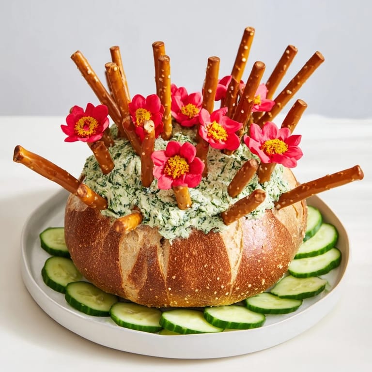 Savory pretzel "needles" erupt from The Desert Cactus Bloom, a fun vegetarian appetizer with fruit leather flowers.
