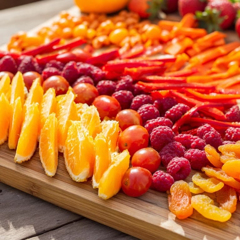 A visually stunning Rainbow Pride Spectrum appetizer board, showing off fresh, vibrant ingredients in rainbow order.