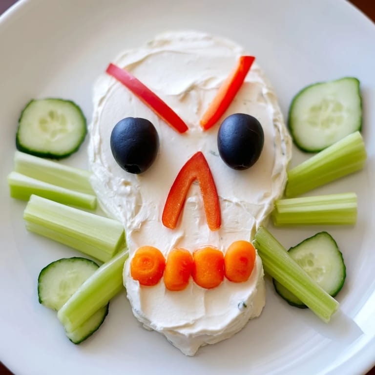 This Halloween Skull & Bones Spooky Spread features carrot teeth and olive eyes, looking festive.