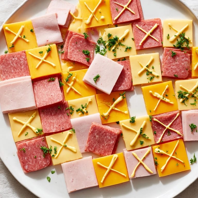 Vibrant "Patchwork Quilt" app showcases a creative arrangement of meats, cheeses, and dotted mustard.