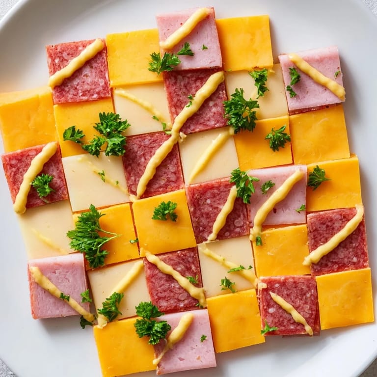 Ready-to-serve "Patchwork Quilt" appetizer with assorted meats, cheeses, and mustard, inviting you to enjoy!