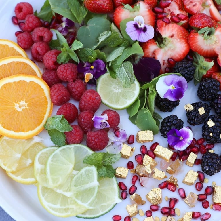 Vibrant Champagne Bar garnishes include raspberries, edible flowers, and sugared ginger for a luxurious treat.