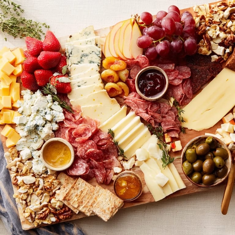 This abundant Waterfall Edge Grazing Board features artfully arranged cheeses and meats for a delicious appetizer.