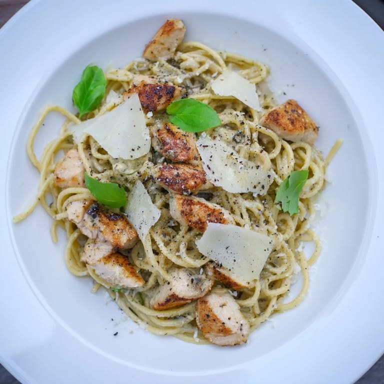 This beautiful plate of Pesto Egg and Chicken Pasta shows golden eggs mingling with pasta and chicken.