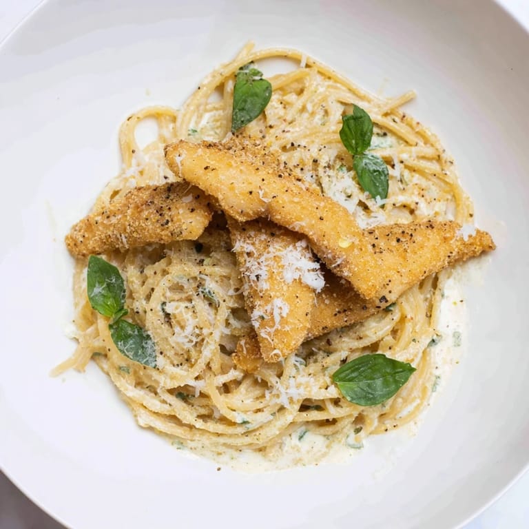 Tender chicken and pesto sauce coats this Pesto Egg and Chicken Pasta, topped with fresh herbs and cheese.