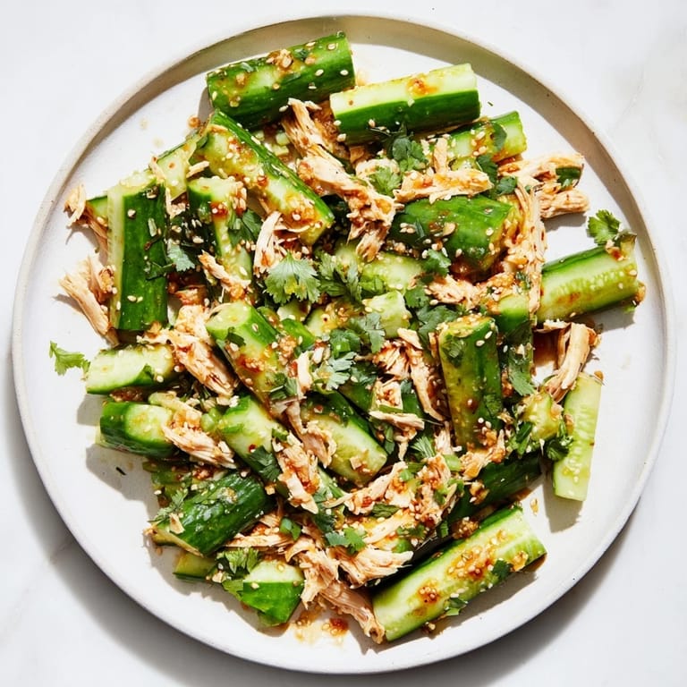 Freshly plated Whole Cucumber Logan Salad with shredded chicken, ready for a satisfying, flavorful bite.