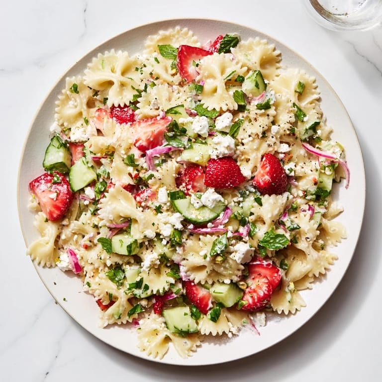 Cool, refreshing Strawberry Feta Pasta salad visually showcases strawberries, feta, and herbs; a delicious vegetarian meal.