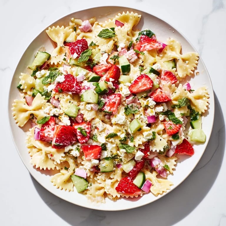 This satisfying bowl of Strawberry Feta Pasta is highlighted by a creamy yogurt dressing and colorful ingredients.