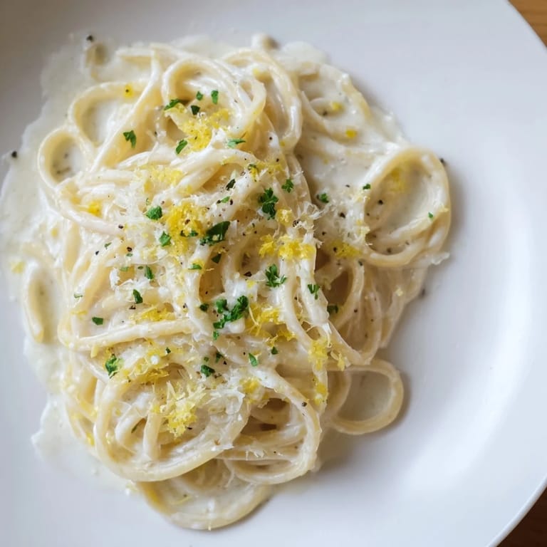 A bowl of bright Lemon-Garlic Greek Yogurt Pasta with a zesty lemon slice garnish.