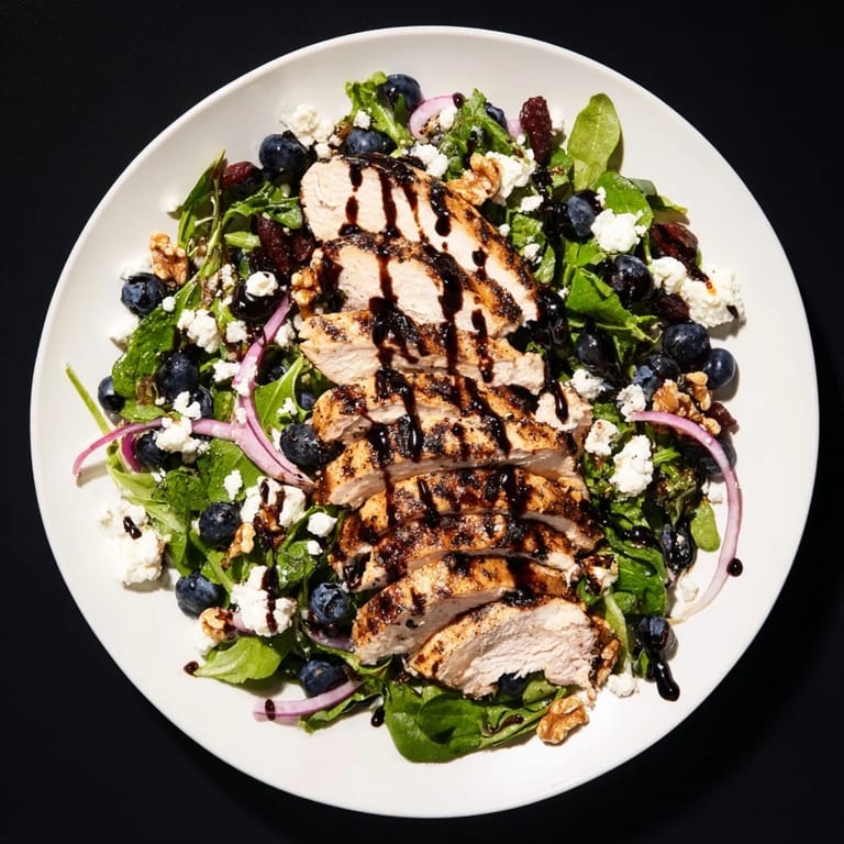 Tender grilled chicken sits atop a vibrant Blueberry Goat Cheese Chicken Salad, ready to enjoy.