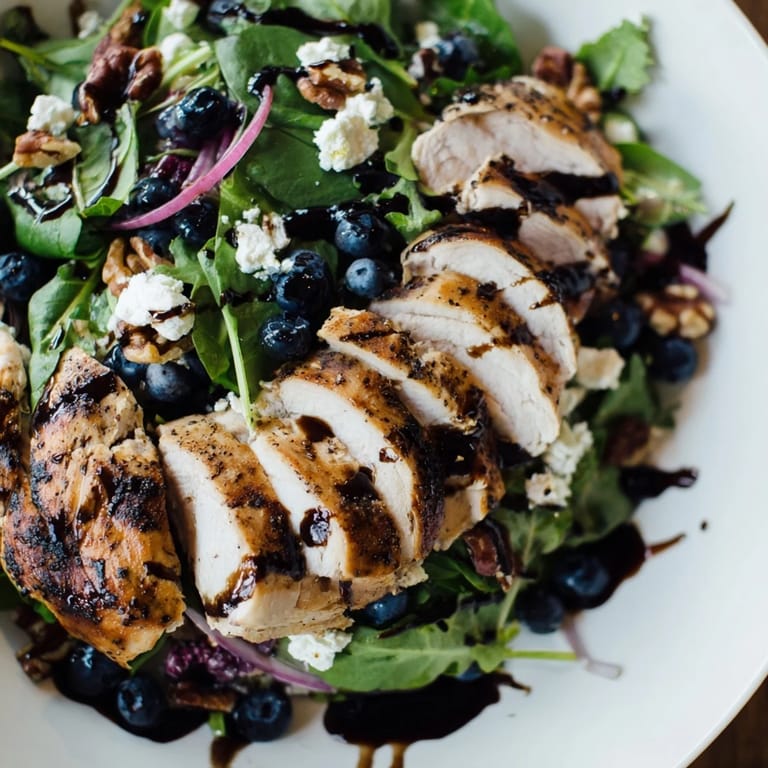 A close-up view of a flavorful Blueberry Goat Cheese Chicken Salad, drizzled with balsamic glaze.