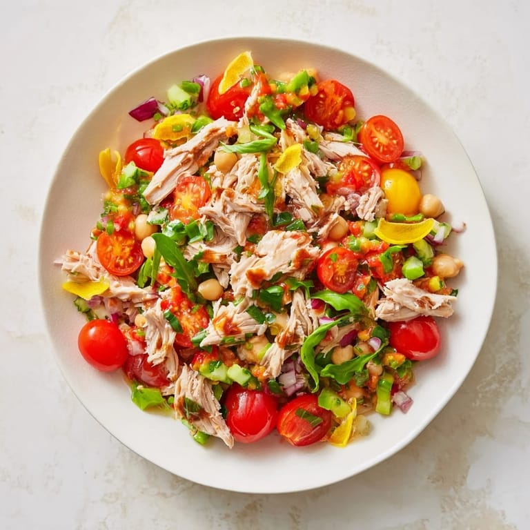 A close-up shot of a refreshing Dense Chickpea and Tuna Salad, ready for lunch or dinner.