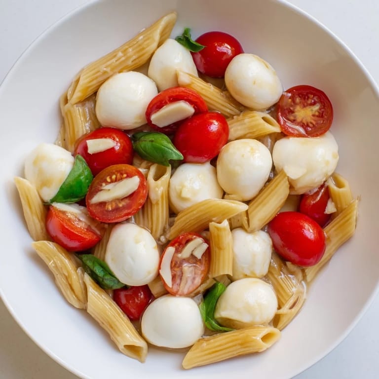 Homemade Caprese Pasta Salad features plump cherry tomatoes and soft mozzarella, perfect for a light lunch.