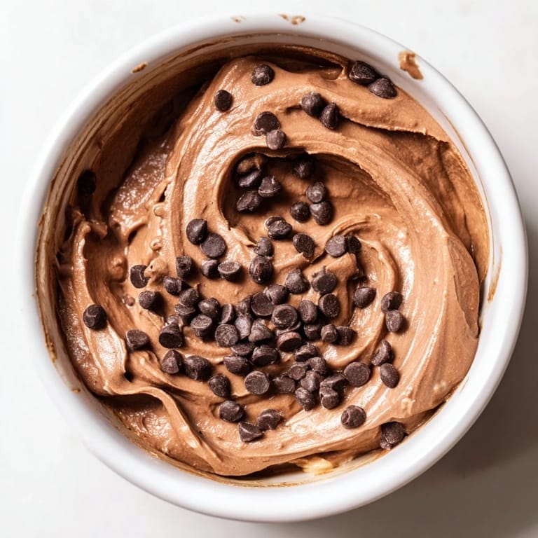 A close-up of thick, gluten-free brownie batter dip, showcasing chocolate chips and rich texture.