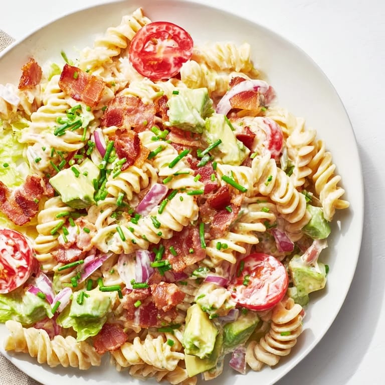 The finished BLT Pasta Salad, ready to serve with a garnish of fresh chives.