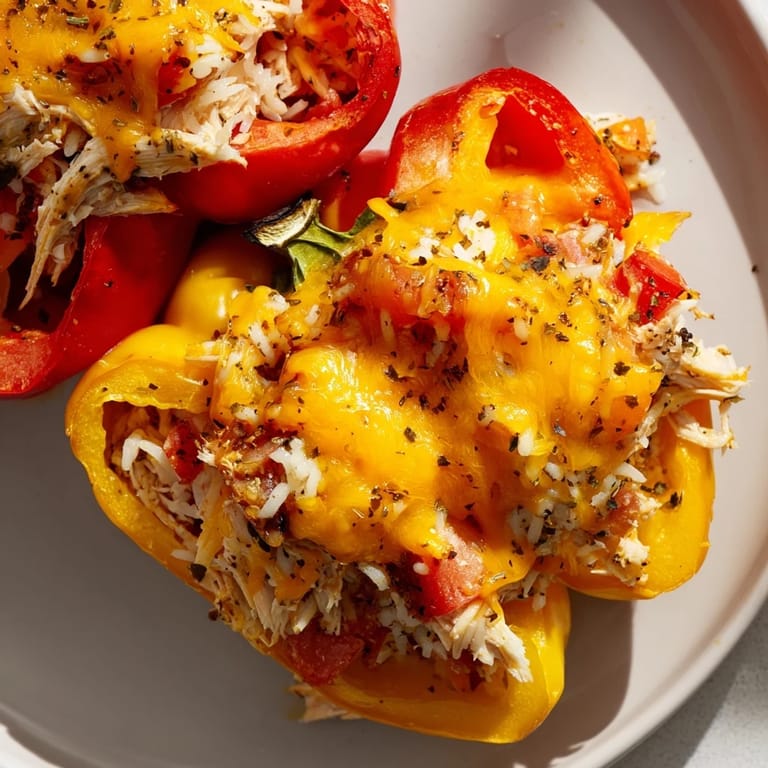 Delicious, colorful Cheesy Chicken Stuffed Peppers, ready for serving after a warm bake in the oven.