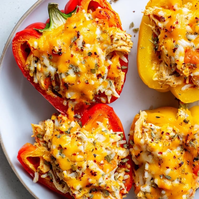 A close-up view of perfectly baked Cheesy Chicken Stuffed Peppers, oozing melted cheddar cheese.