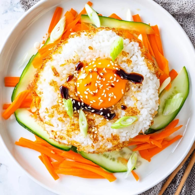 A close-up of a crispy egg rice bowl: a delicious Asian fusion vegetarian meal ready to eat.