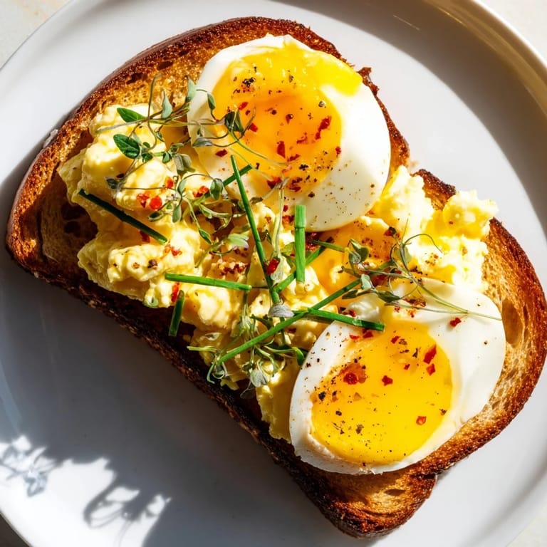Visual of delicious Egg Flight Toast showcasing textures of fluffy scrambled and perfectly fried yolk.
