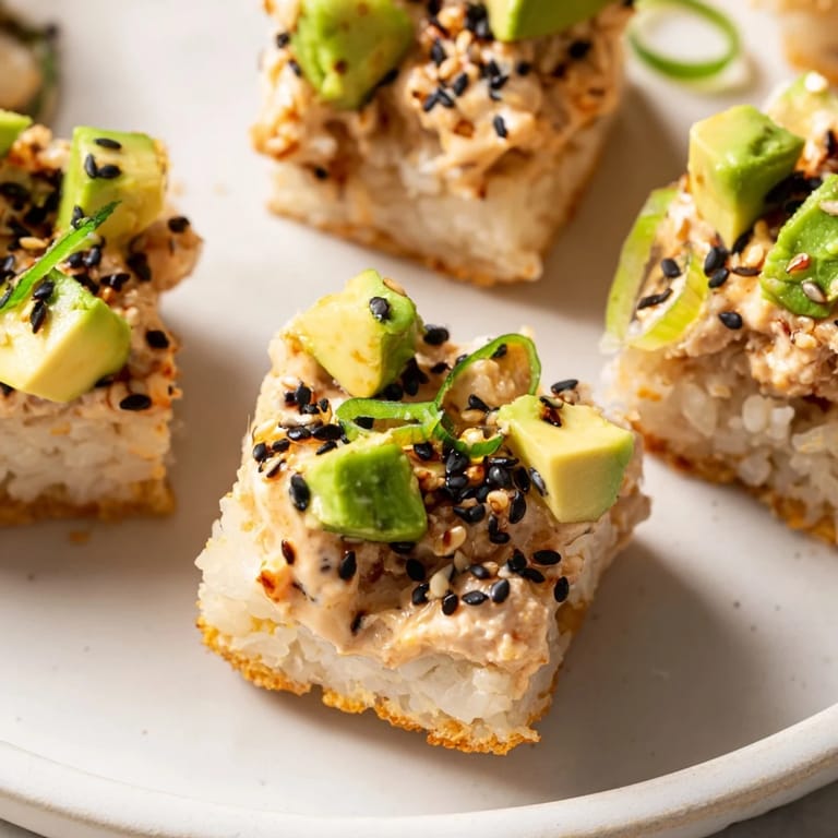 Beautiful close-up photo of Spicy Tuna Crispy Rice, highlighting the crispy rice base and flavorful tuna topping.