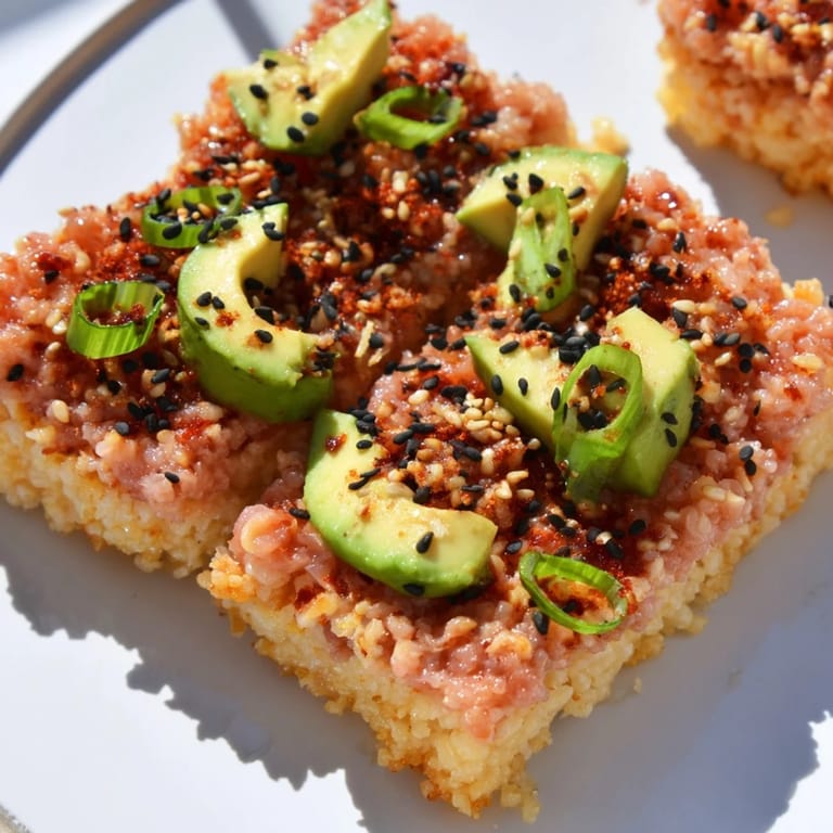 These Spicy Tuna Crispy Rice bites are a delightful appetizer, featuring a perfect balance of textures and tastes.