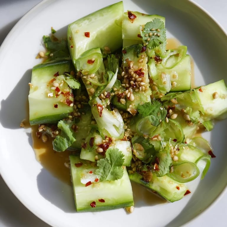 Freshly tossed Chinese Spicy Smashed Cucumber Salad, showcasing the bright colors and chili flake flecks.